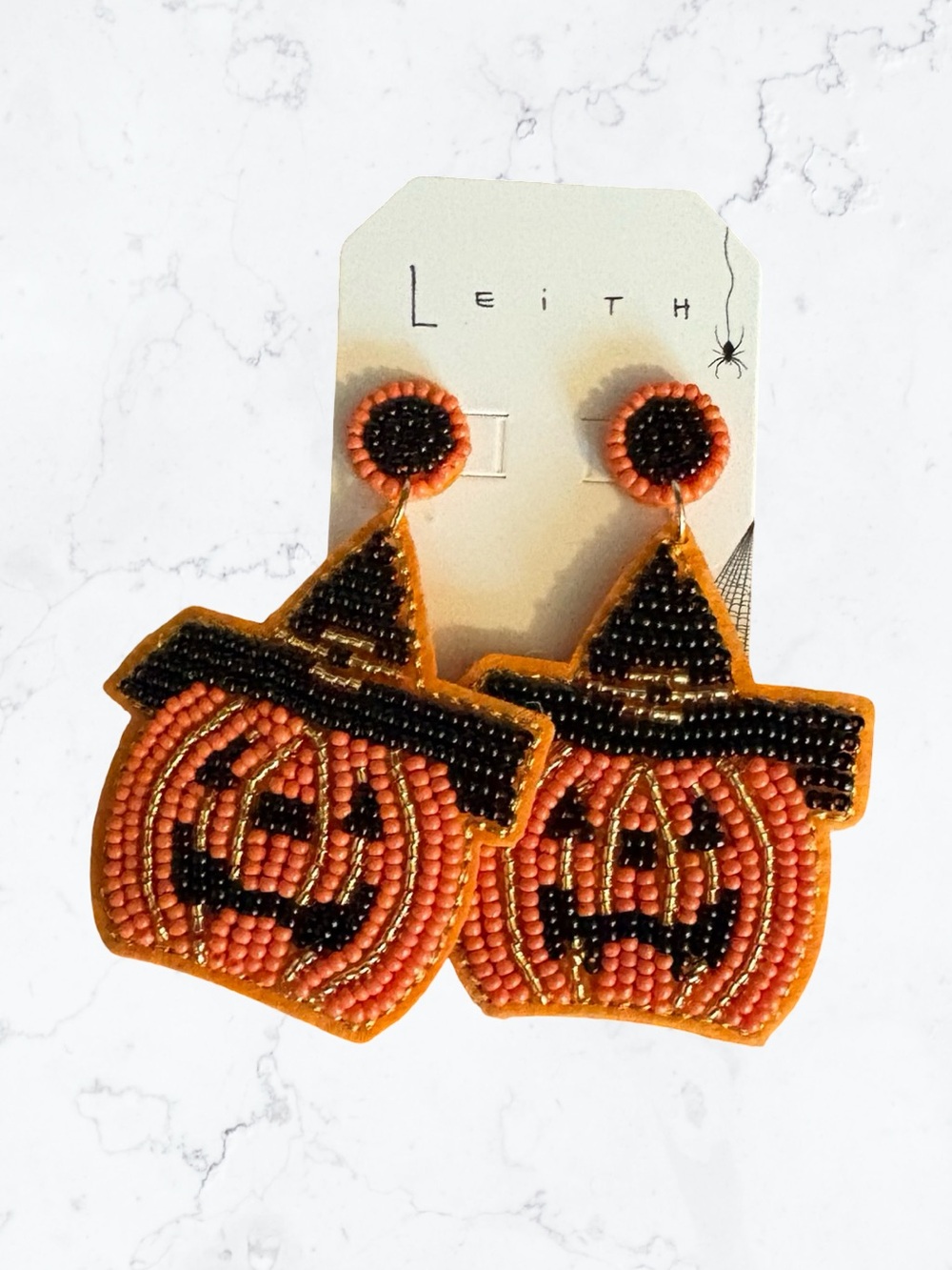 Leith Orange and Black Beaded Jack-O'-Lantern Witch Hat Earrings